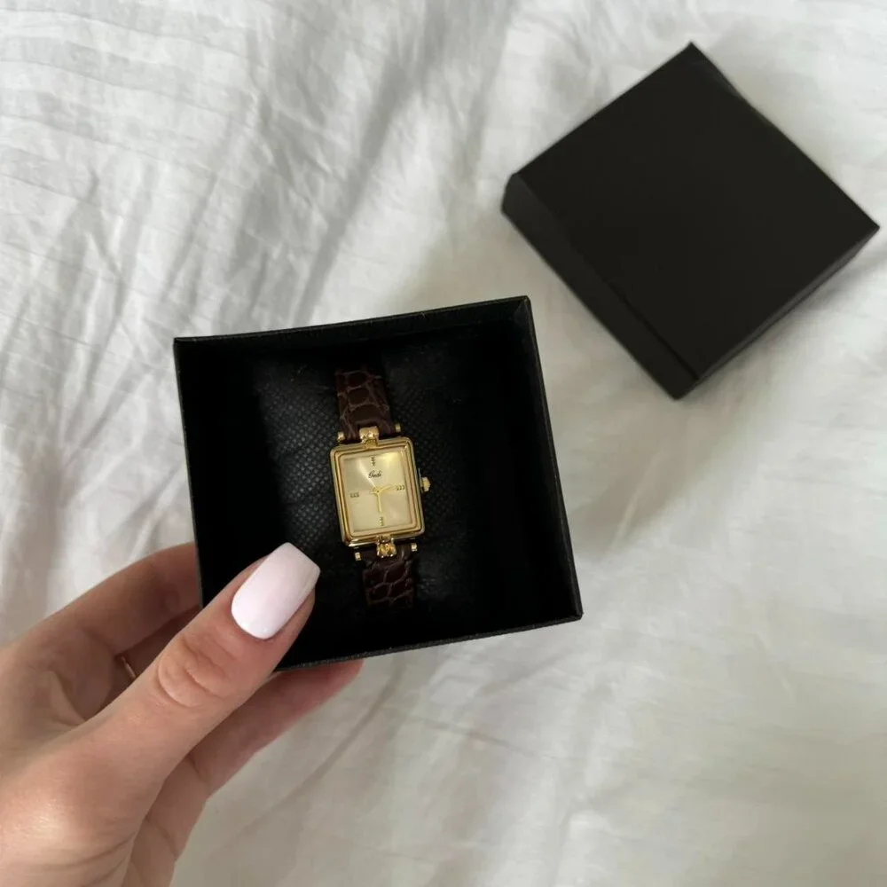 SKU:0129‎ vintage style gold mini watch brown leather strap + in a gift box